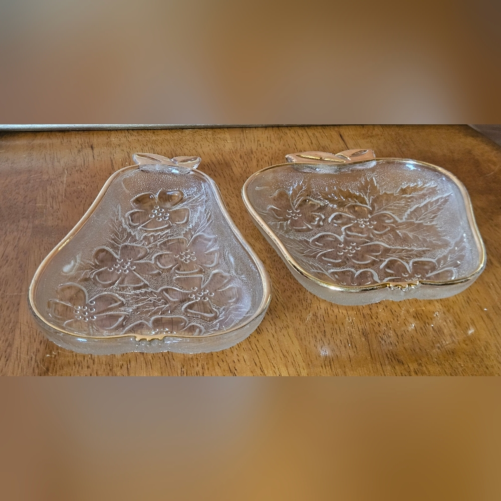 Set of 2- Hazel Atlas Floral Dogwood Embossed Glass 22k Gold Trim Pear & Apple